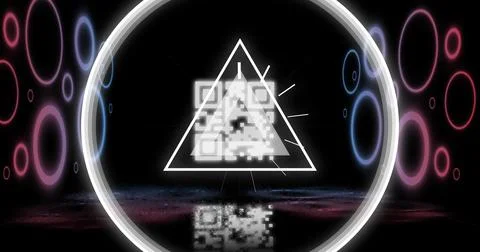 Image of glowing qr code over neon circles 스톡 일러스트