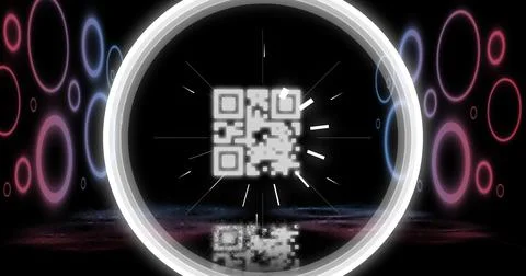 Image of glowing qr code over neon circles 스톡 일러스트