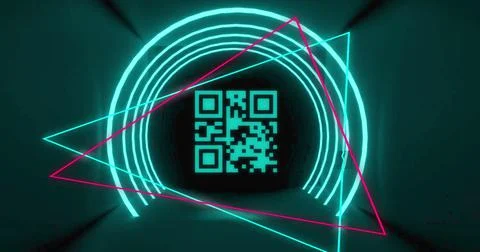 Image of glowing qr code over neon geometric shapes イラスト素材