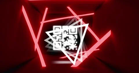 Image of glowing qr code over neon geometric shapes イラスト素材