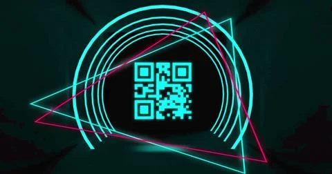Image of glowing qr code over neon geometric shapes イラスト素材