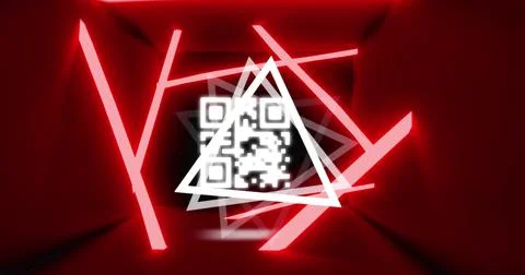 Image of glowing qr code over neon geometric shapes イラスト素材