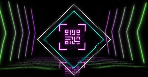 Image of glowing qr code over neon geometric shapes イラスト素材