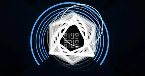 Image of glowing qr code over neon geometric shapes Stockillustratie