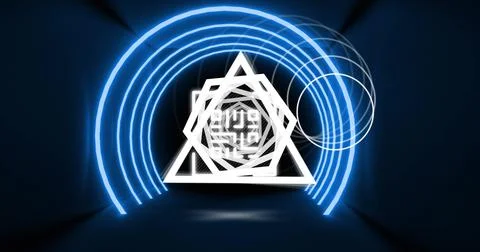 Image of glowing qr code over neon geometric shapes イラスト素材