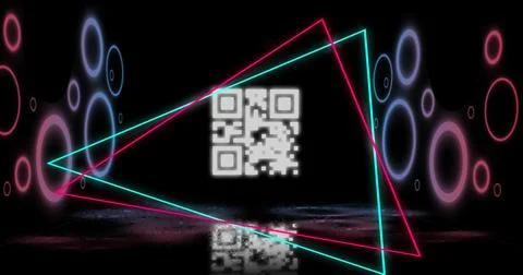 Image of glowing qr code over neon geometric shapes Stock Illustration