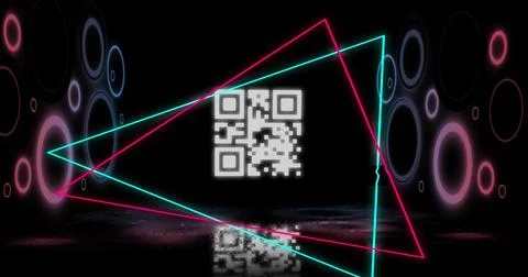 Image of glowing qr code over neon geometric shapes Stock Illustration
