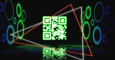 Image of glowing qr code over neon geometric shapes Stock Illustration