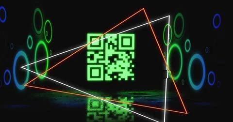 Image of glowing qr code over neon geometric shapes イラスト素材