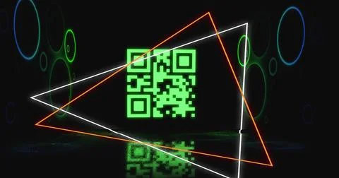 Image of glowing qr code over neon geometric shapes イラスト素材