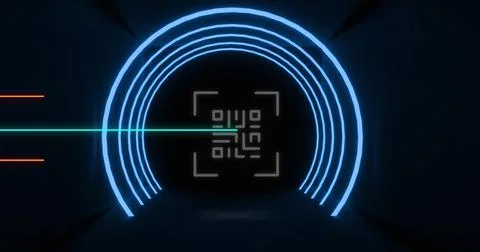 Image of glowing qr code over neon geometric shapes Stock Illustration