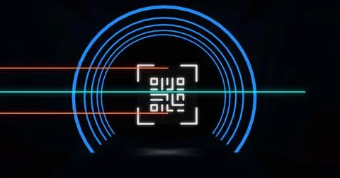 Image of glowing qr code over neon geometric shapes イラスト素材