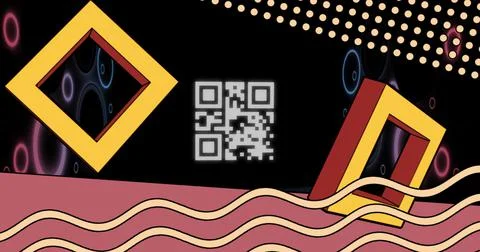 Image of glowing qr code over neon geometric shapes イラスト素材