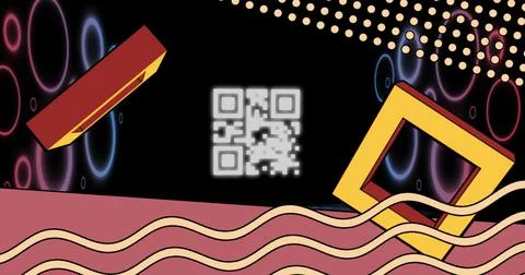 Image of glowing qr code over neon geometric shapes イラスト素材