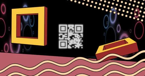 Image of glowing qr code over neon geometric shapes Stockillustratie