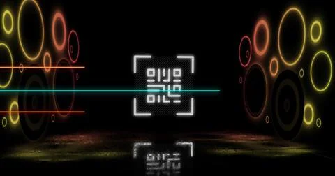 Image of glowing qr code over neon geometric shapes Stock Illustration