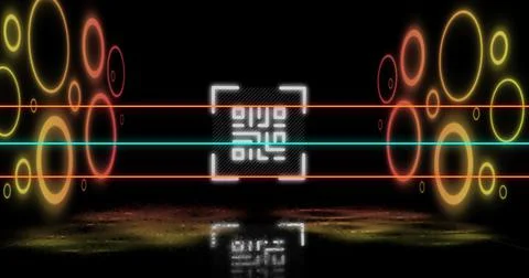 Image of glowing qr code over neon geometric shapes Stock Illustration