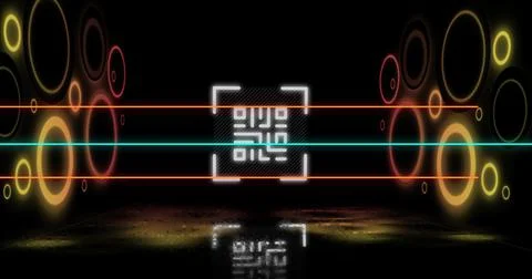 Image of glowing qr code over neon geometric shapes イラスト素材
