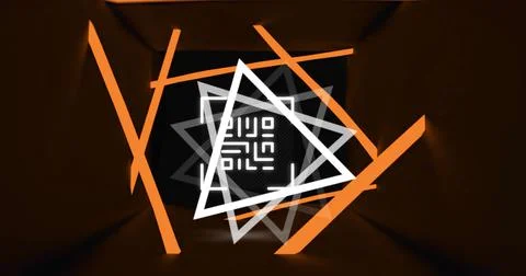 Image of glowing qr code over neon geometric shapes イラスト素材