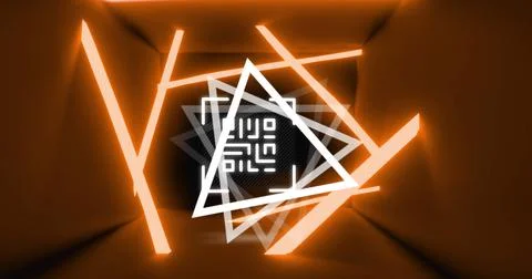 Image of glowing qr code over neon geometric shapes イラスト素材