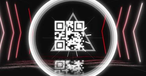 Image of glowing qr code over neon geometric shapes Illustration
