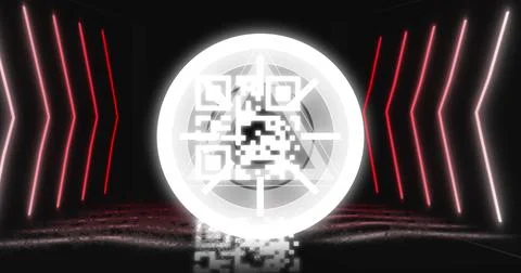 Image of glowing qr code over neon geometric shapes イラスト素材