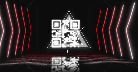 Image of glowing qr code over neon geometric shapes イラスト素材