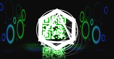 Image of glowing qr code over neon geometric shapes Stock Illustration