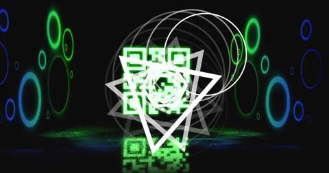 Image of glowing qr code over neon geometric shapes イラスト素材