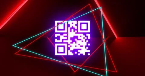 Image of glowing qr code over neon geometric shapes イラスト素材