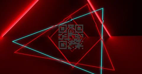 Image of glowing qr code over neon geometric shapes Stockillustratie