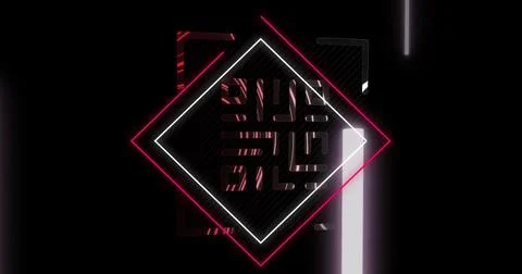 Image of glowing qr code over neon geometric shapes イラスト素材