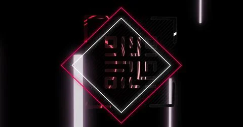 Image of glowing qr code over neon geometric shapes Stock Illustration