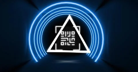 Image of glowing qr code over neon geometric shapes Stock Illustration
