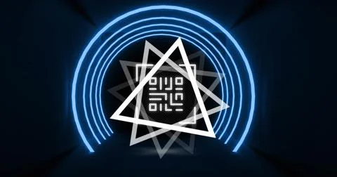 Image of glowing qr code over neon geometric shapes イラスト素材