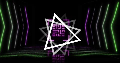 Image of glowing qr code over neon geometric shapes イラスト素材