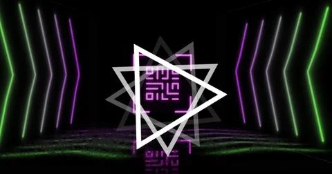Image of glowing qr code over neon geometric shapes Stock Illustration