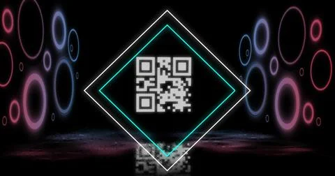 Image of glowing qr code over neon geometric shapes Illustrazione stock