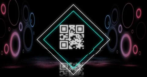 Image of glowing qr code over neon geometric shapes Stock Illustration