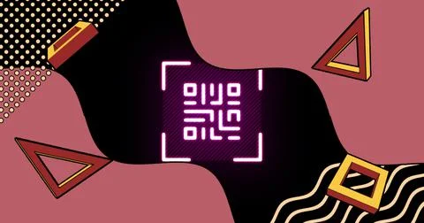 Image of glowing qr code over neon geometric shapes イラスト素材