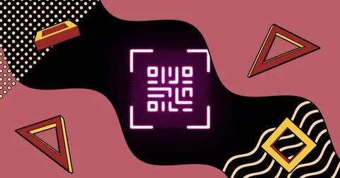 Image of glowing qr code over neon geometric shapes Stock Illustration