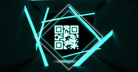 Image of glowing qr code over neon geometric shapes イラスト素材