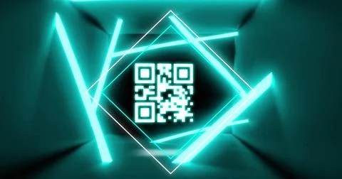 Image of glowing qr code over neon geometric shapes イラスト素材