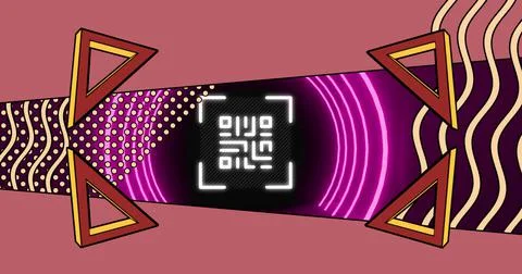 Image of glowing qr code over neon geometric shapes イラスト素材