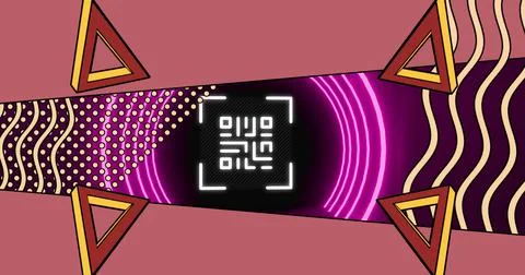 Image of glowing qr code over neon geometric shapes イラスト素材