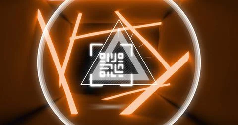Image of glowing qr code over neon geometric shapes Stock-Illustration