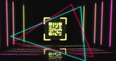 Image of glowing qr code over neon geometric shapes イラスト素材