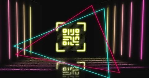 Image of glowing qr code over neon geometric shapes Stock Illustration