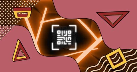 Image of glowing qr code over neon geometric shapes イラスト素材