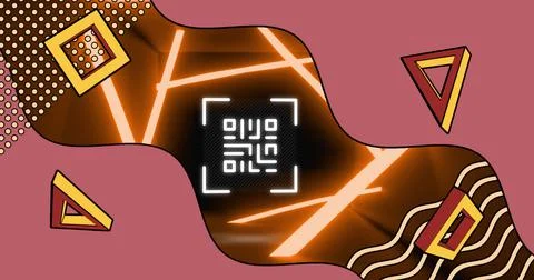 Image of glowing qr code over neon geometric shapes Stockillustratie